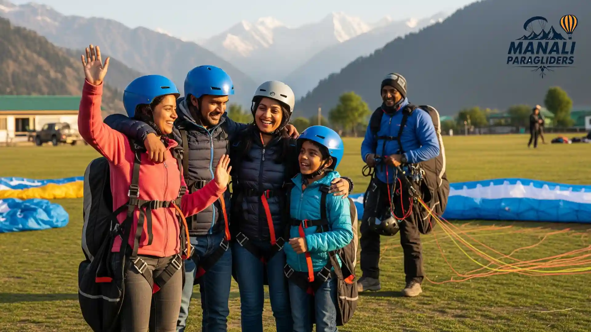 A family celebrating after their paragliding flight with Manali Paragliders in Solang Valley